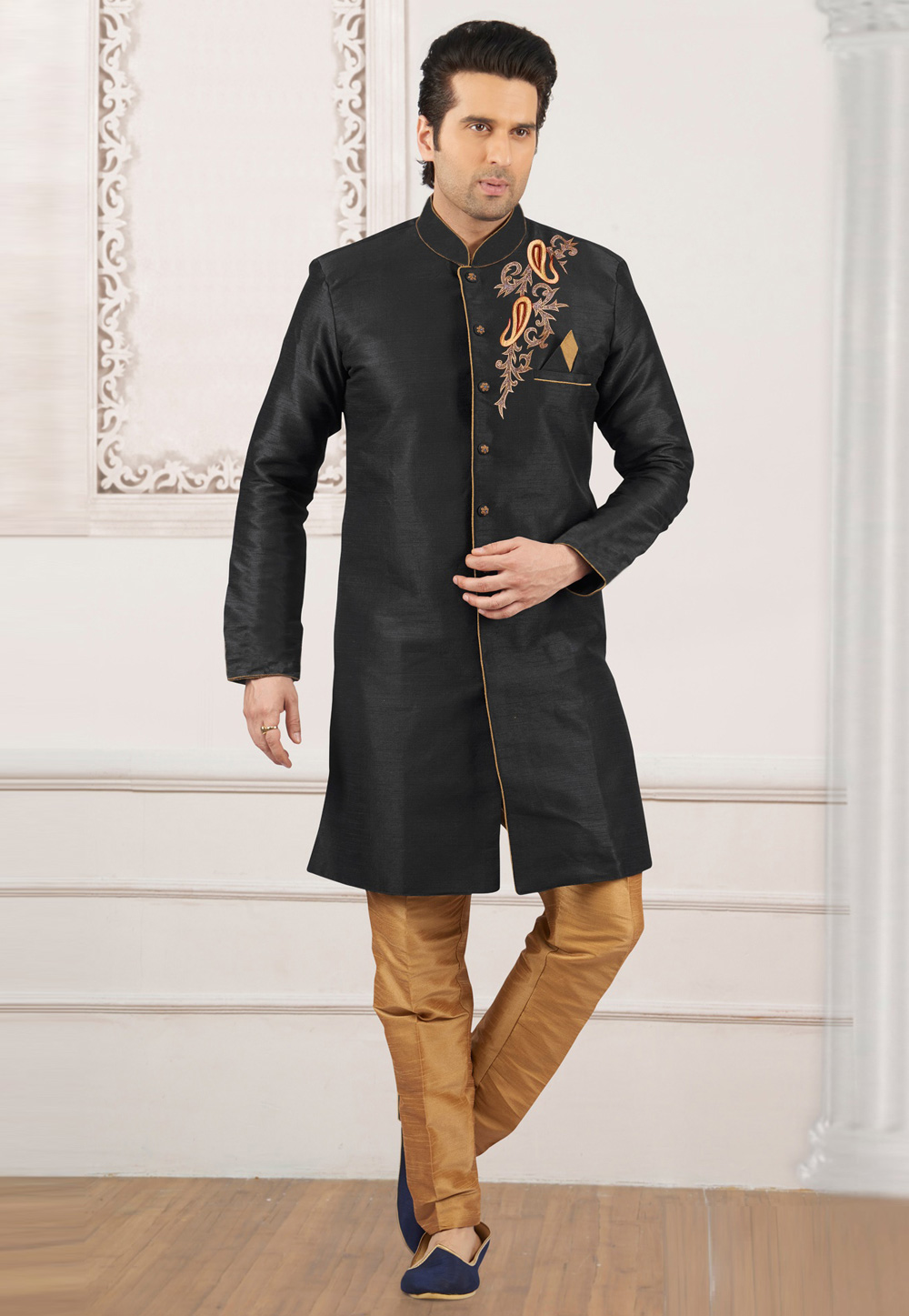 Black Dupion Silk Indo Western Suit 276232