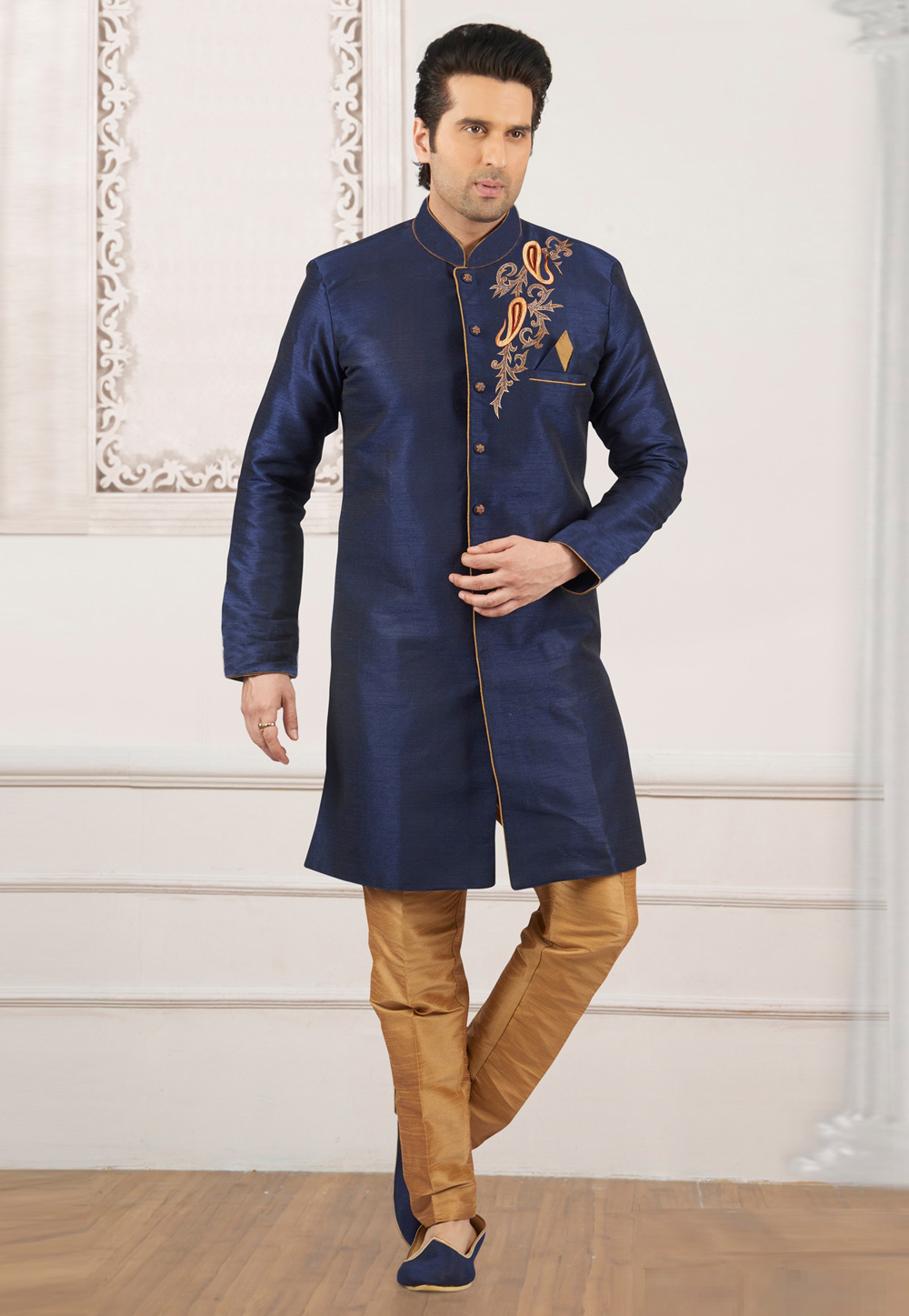 Navy Blue Dupion Silk Indo Western Suit 276233