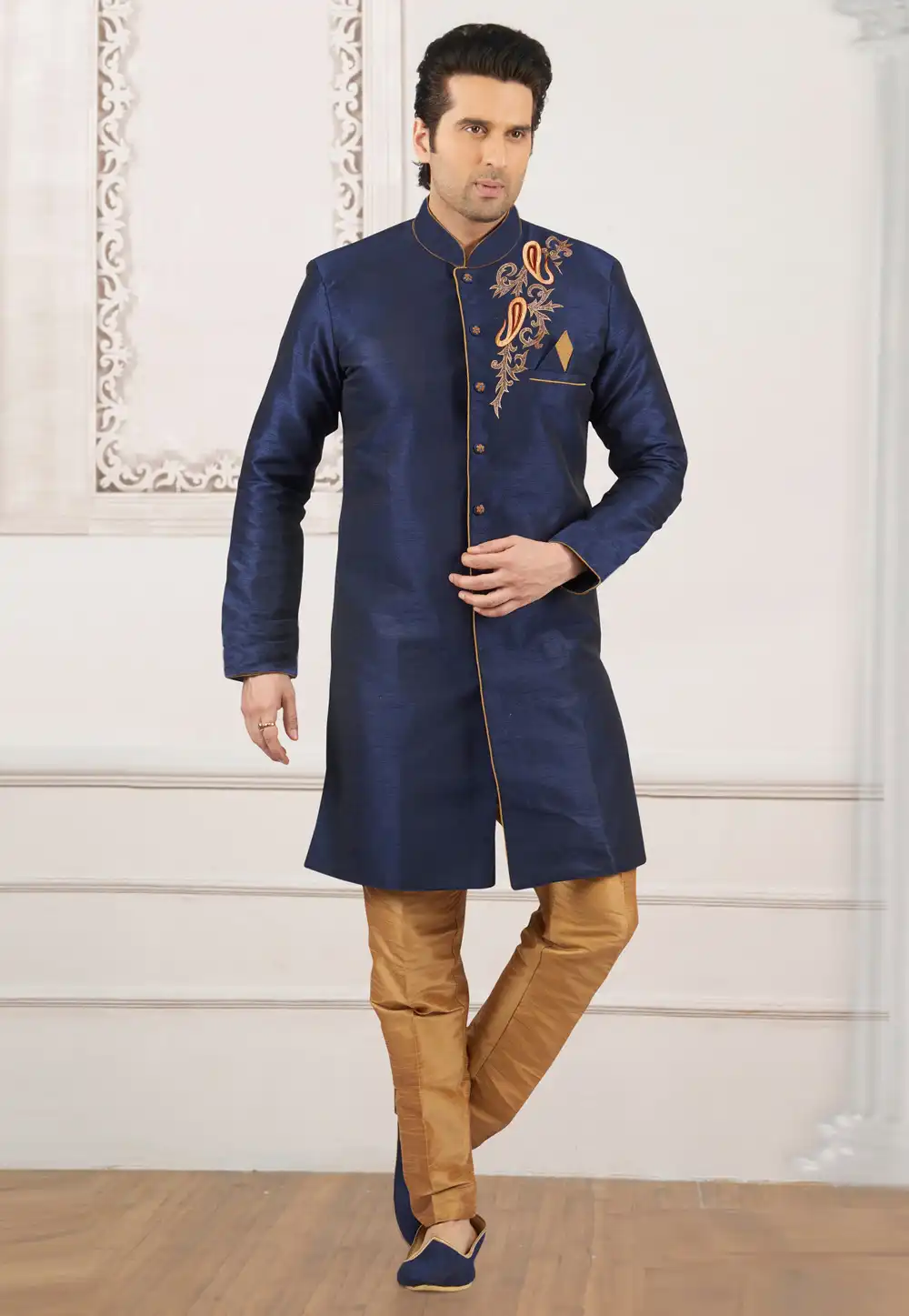 Navy Blue Dupion Silk Indo Western Suit 276233