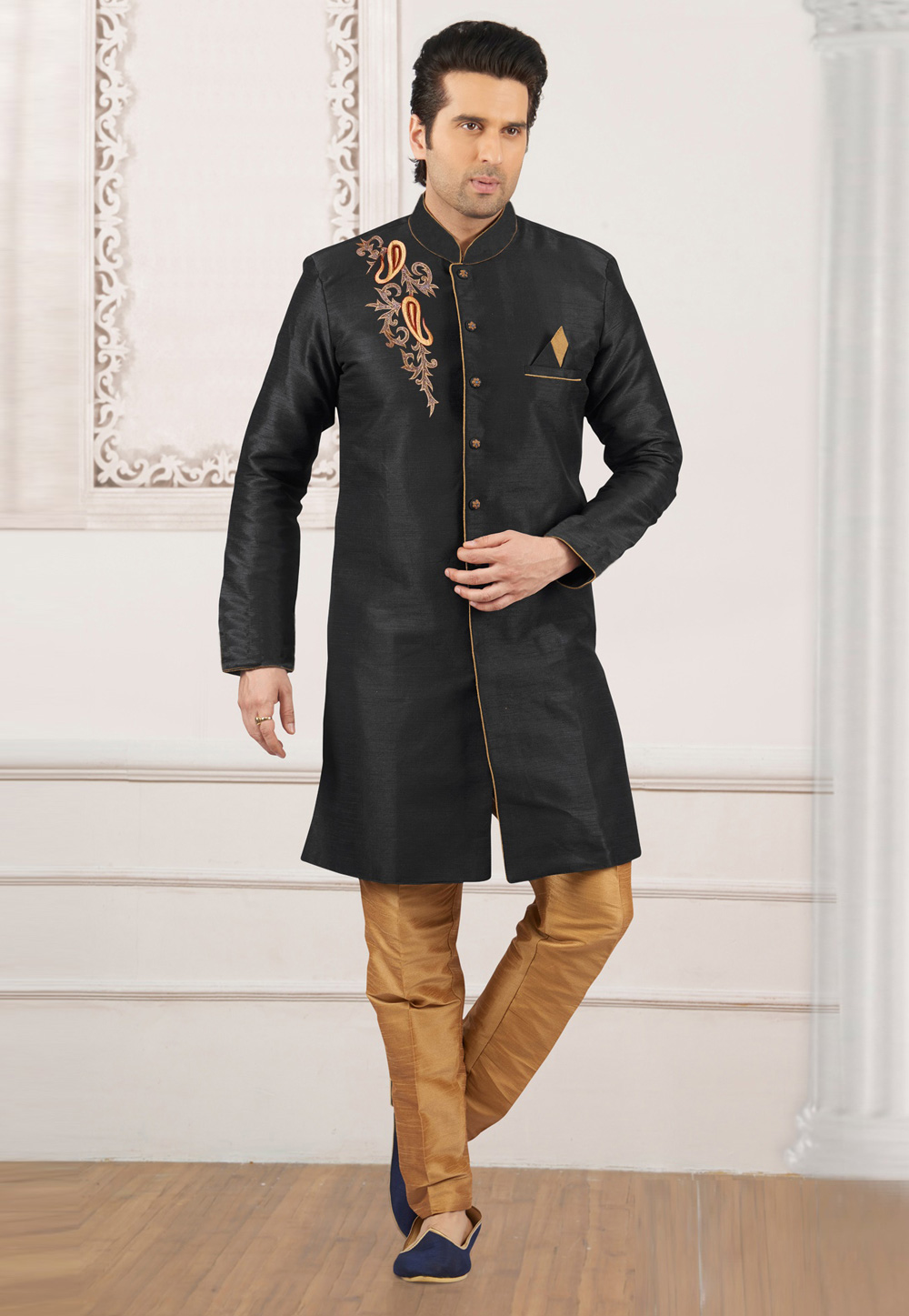 Black Dupion Silk Indo Western Suit 276234