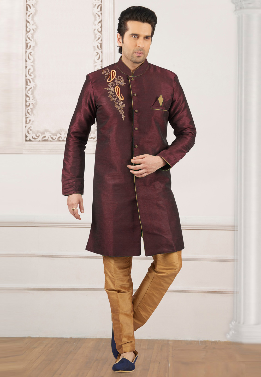 Maroon Dupion Silk Indo Western Suit 276235