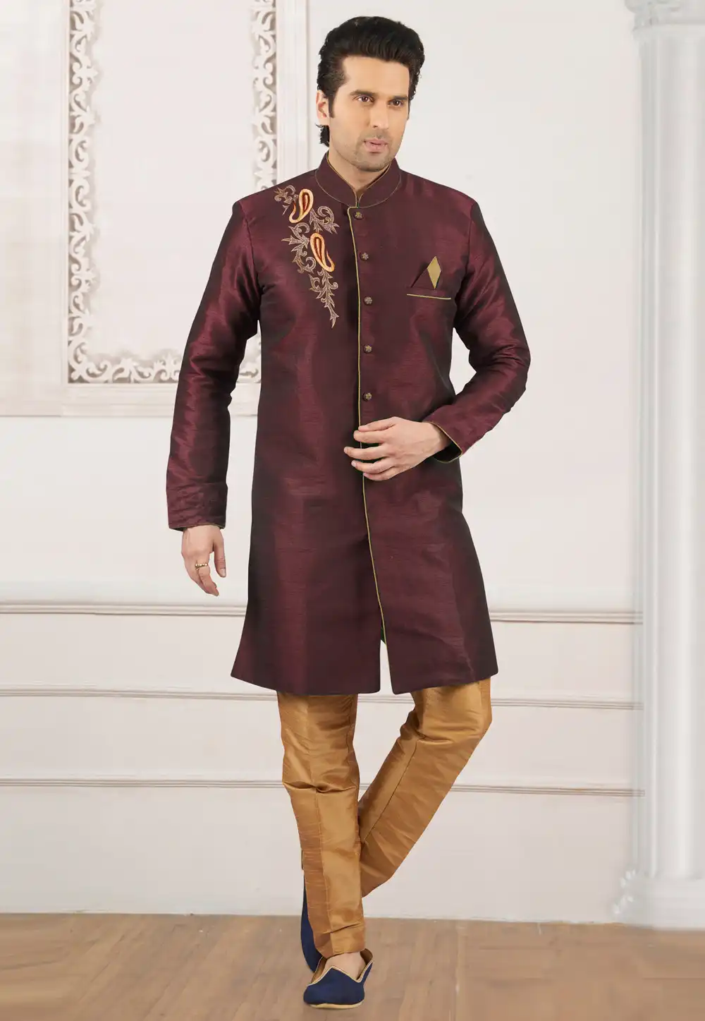 Maroon Dupion Silk Indo Western Suit 276235