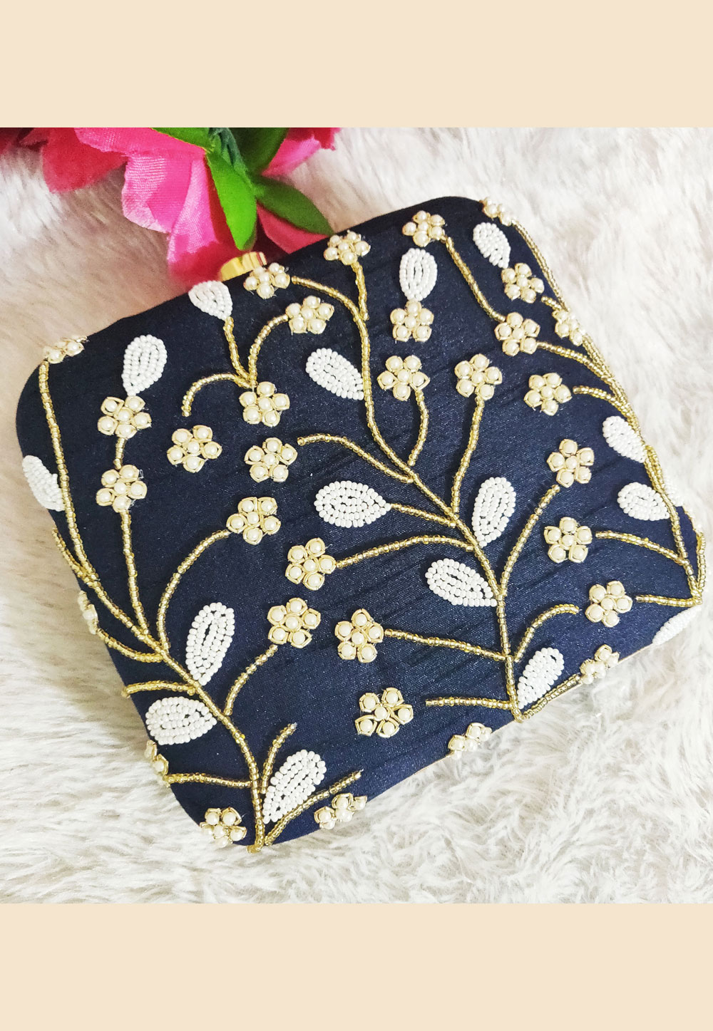 Navy Blue Synthetic Embroidered Clutch 189755