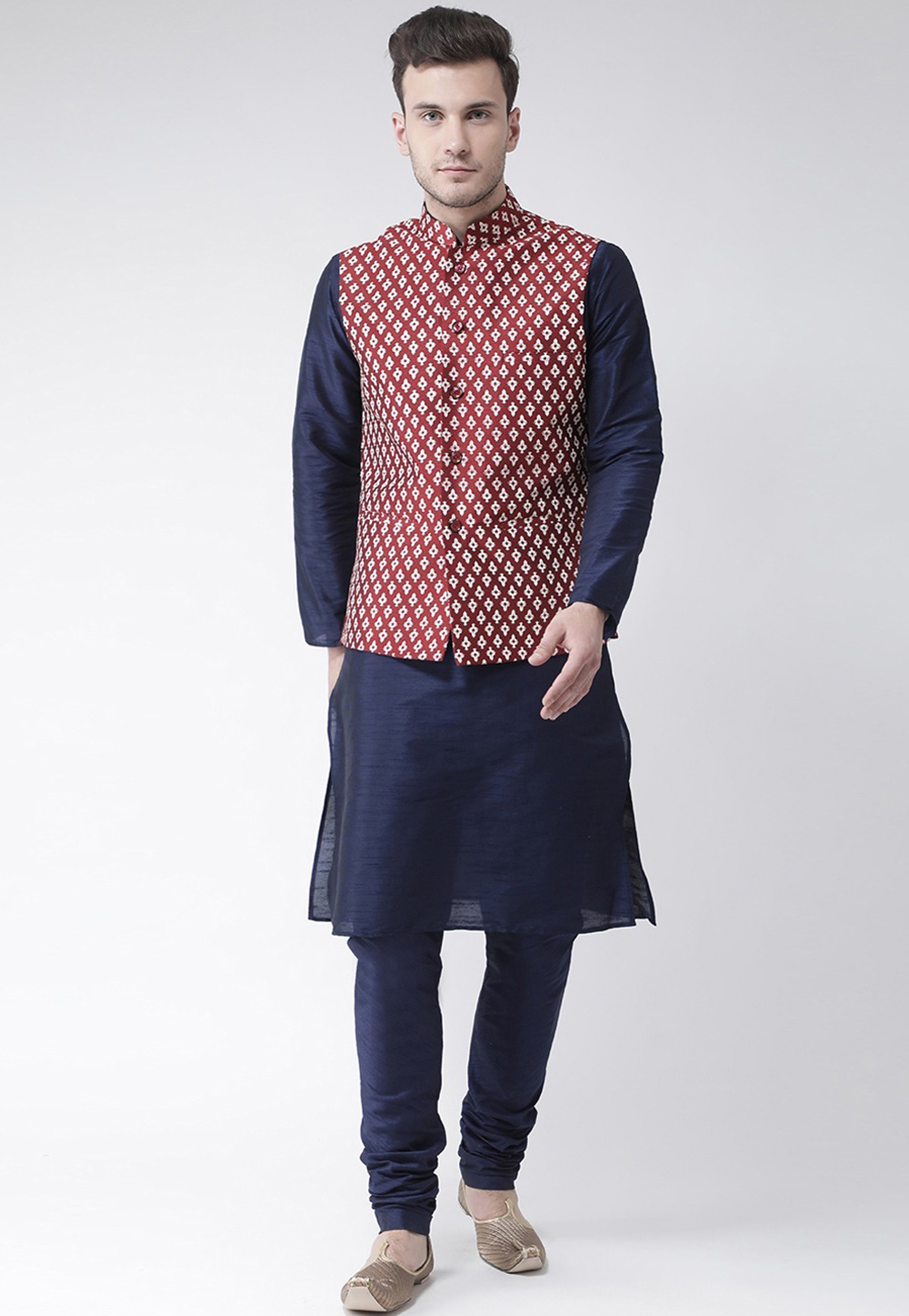 Navy Blue Dupion Silk Kurta Pajama With Jacket 276495