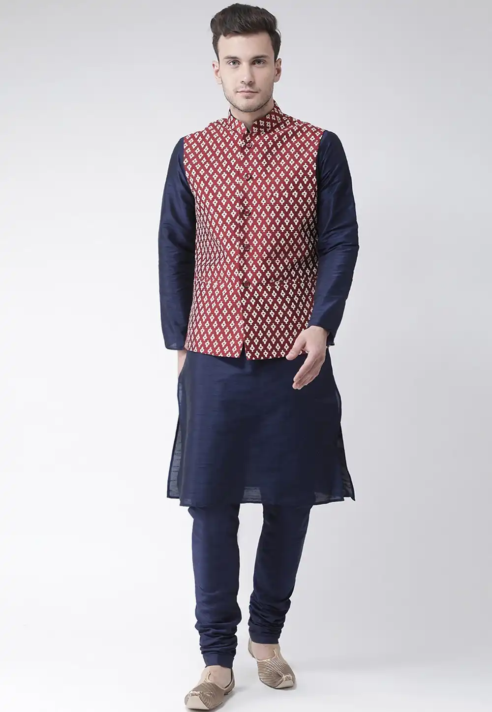 Navy Blue Dupion Silk Kurta Pajama With Jacket 276495