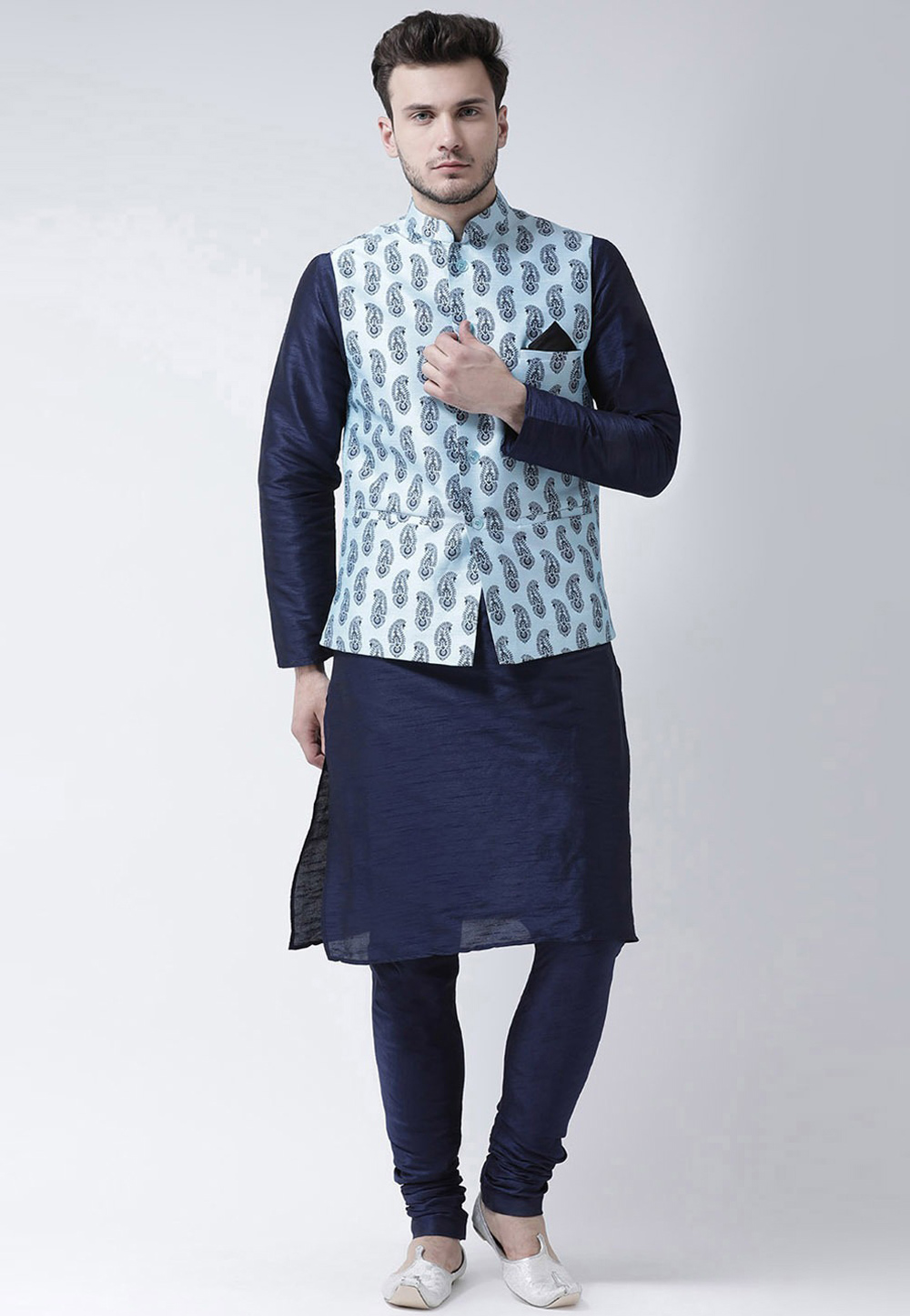 Navy Blue Dupion Silk Kurta Pajama With Jacket 276496