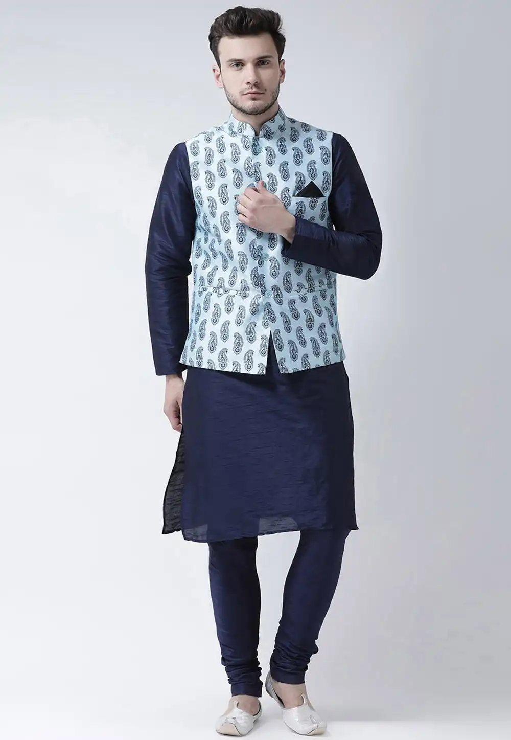 Navy Blue Dupion Silk Kurta Pajama With Jacket 276496