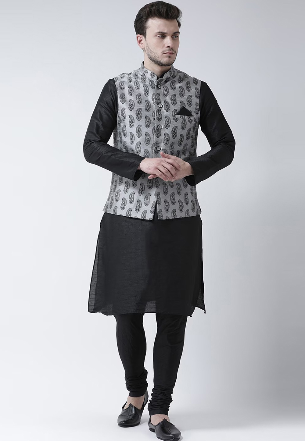 Black Dupion Silk Kurta Pajama With Jacket 276497