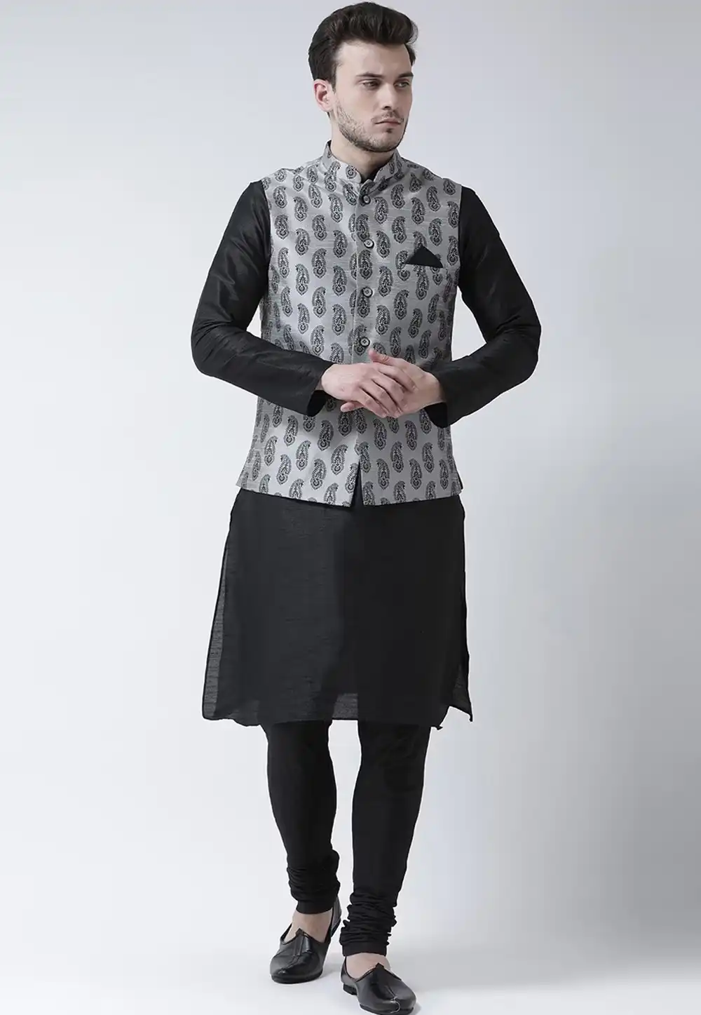 Black Dupion Silk Kurta Pajama With Jacket 276497