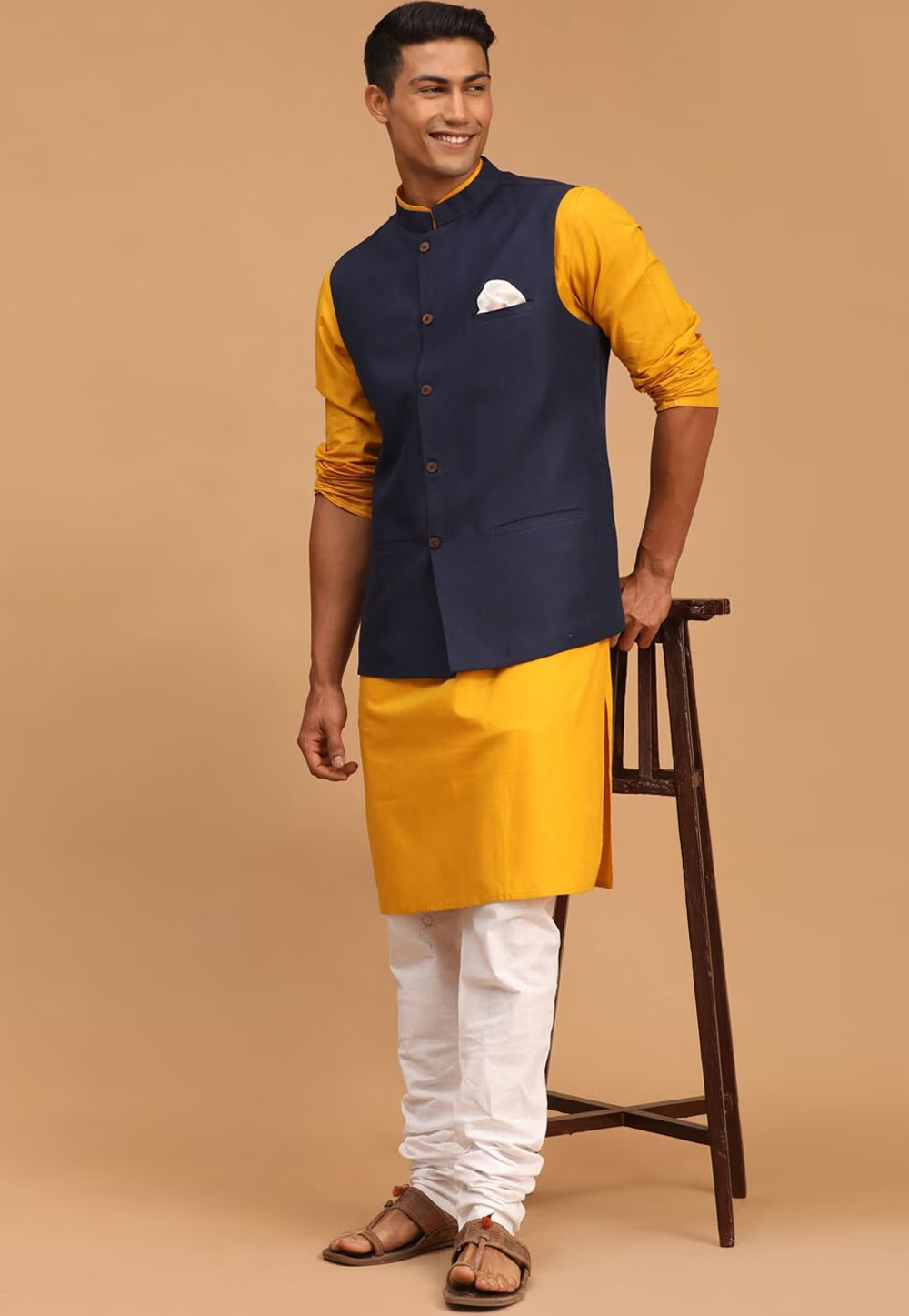 Yellow Cotton Kurta Pajama With Jacket 276498