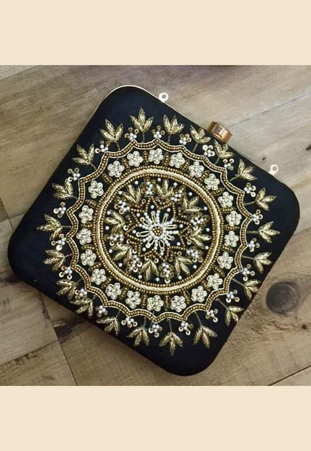 Black Synthetic Embroidered Clutch 189812