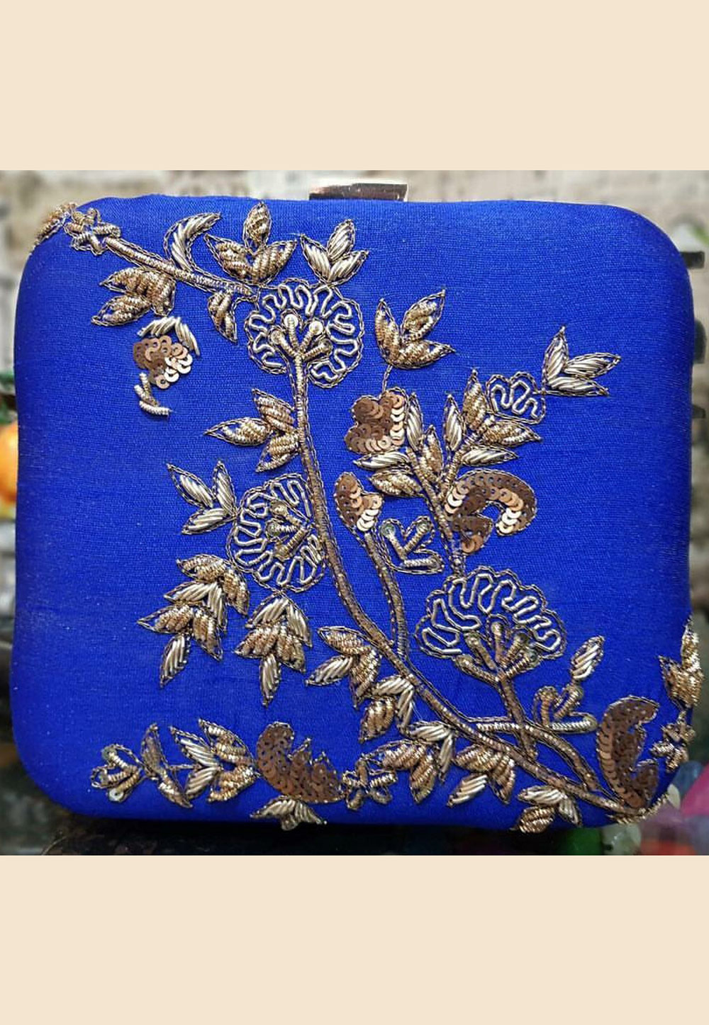 Blue Synthetic Embroidered Clutch 189819