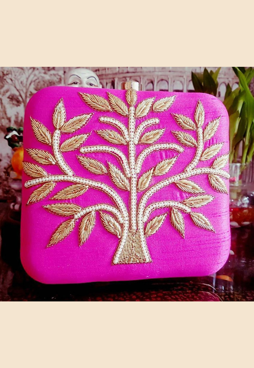 Pink Synthetic Embroidered Clutch 189821