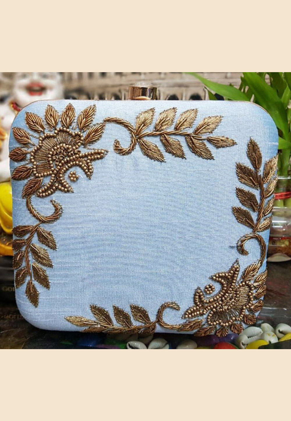 Sky Blue Synthetic Embroidered Clutch 189825