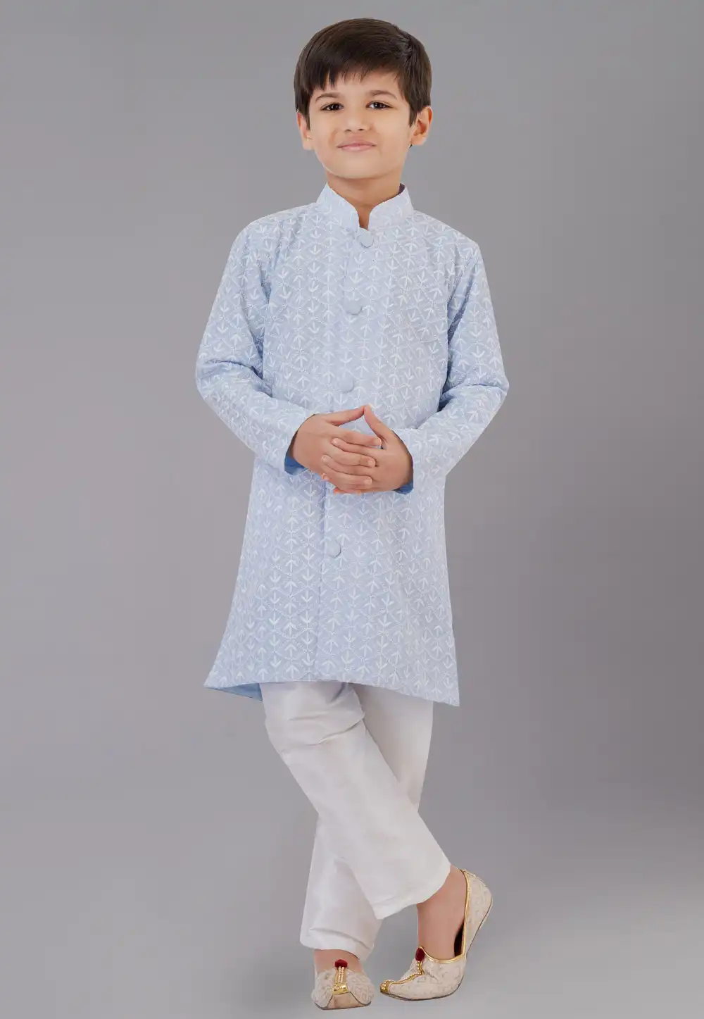 Sky Blue Cotton Silk Readymade Kids Kurta Pajama 260627