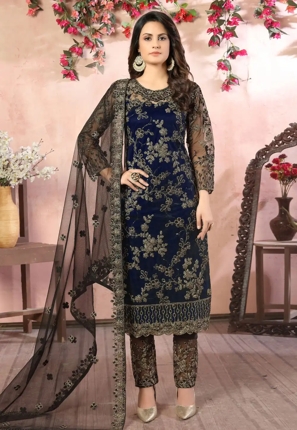 Navy Blue Embroidered Net Pant Style Suit 220395