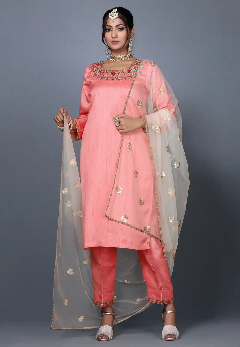 Peach Art Silk Handwork Pant Style Suit 240152