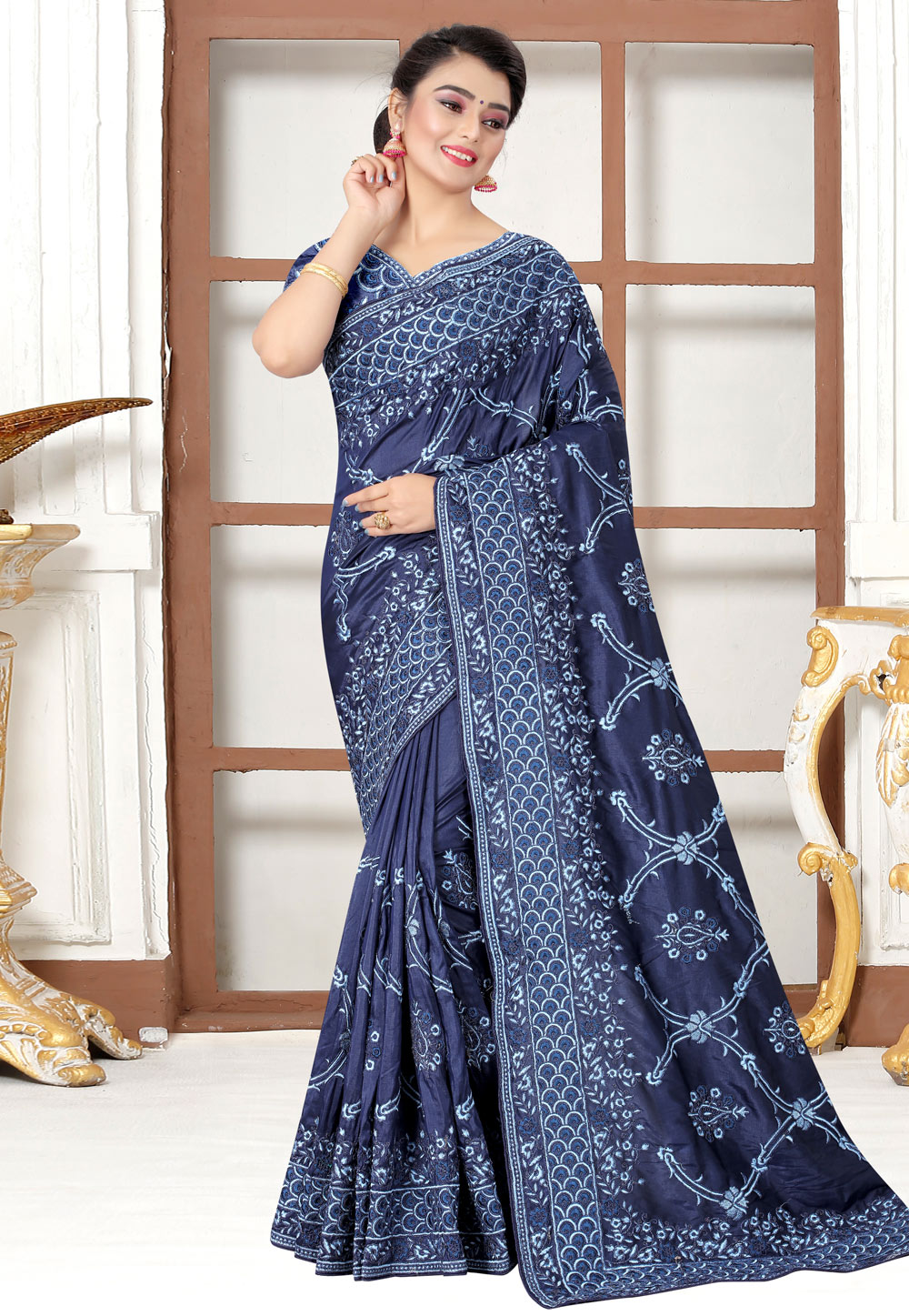 Navy Blue Silk Saree With Blouse 220841