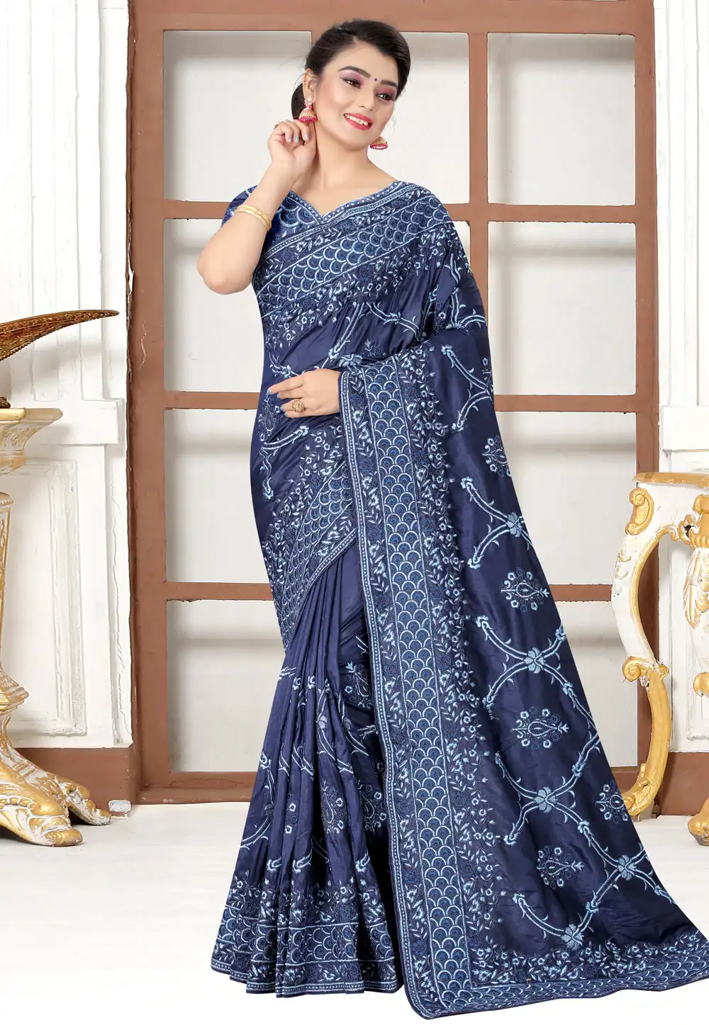 Navy Blue Silk Saree With Blouse 220841