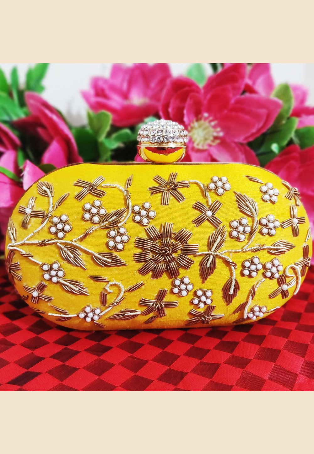 Yellow Synthetic Embroidered Clutch 189842