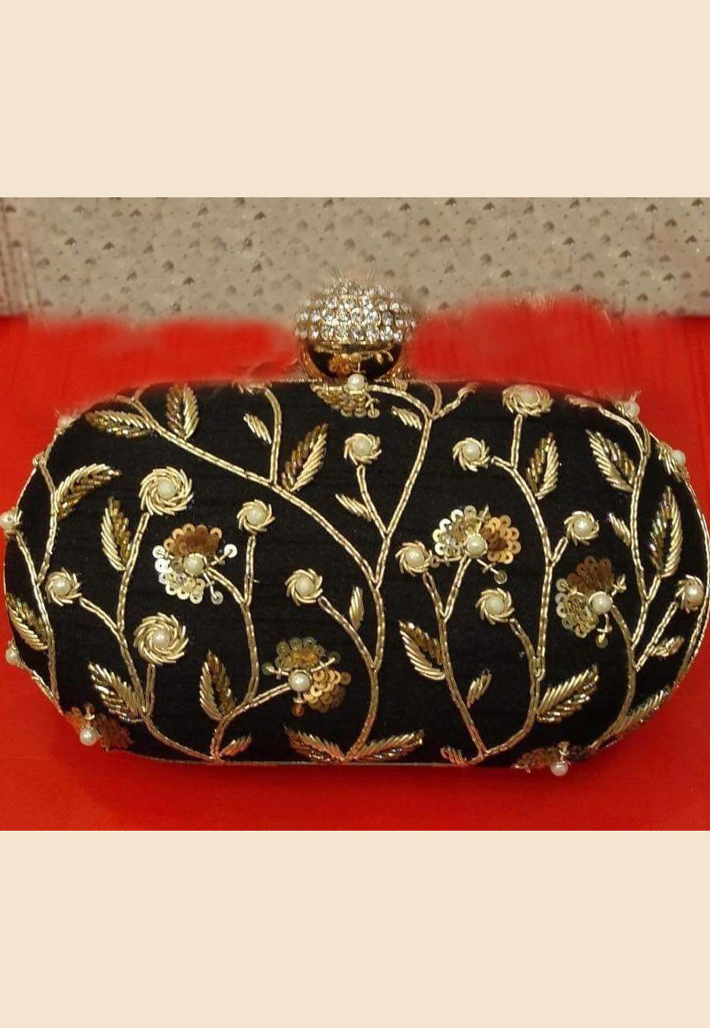 Black Synthetic Embroidered Clutch 189870
