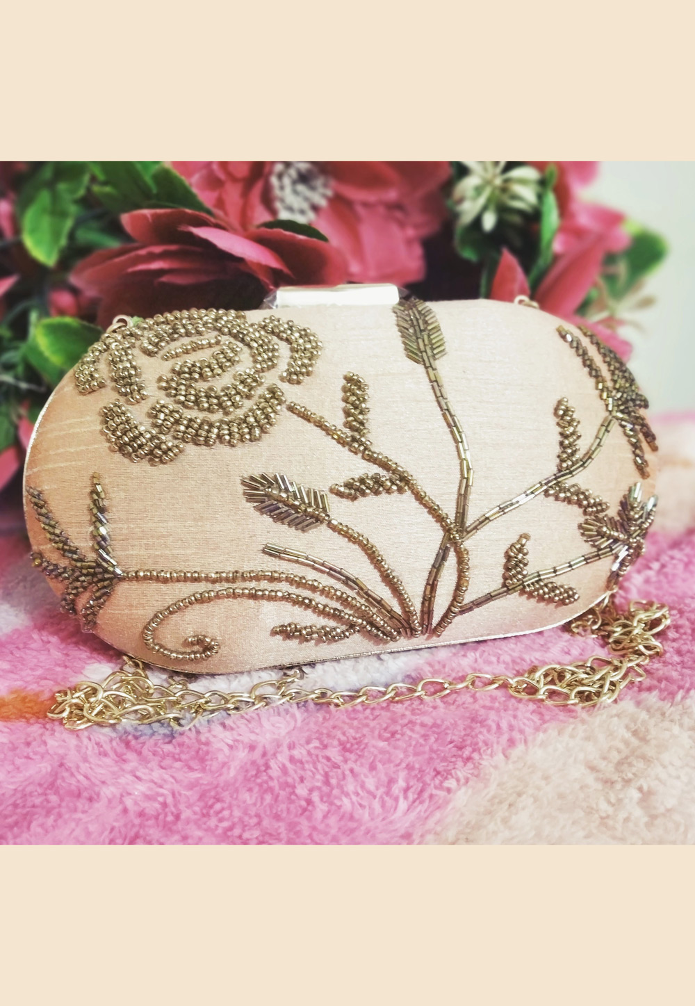 Cream Synthetic Embroidered Clutch 189875