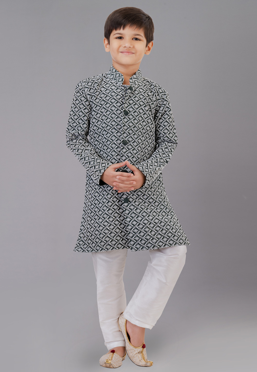 Green Cotton Silk Readymade Kids Kurta Pajama 260630