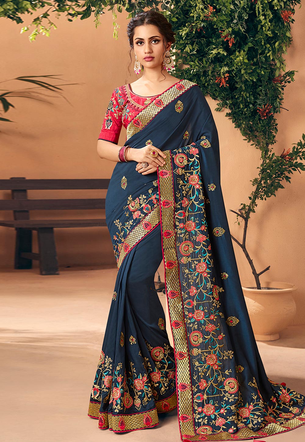Navy Blue Art Silk Saree With Blouse 189697
