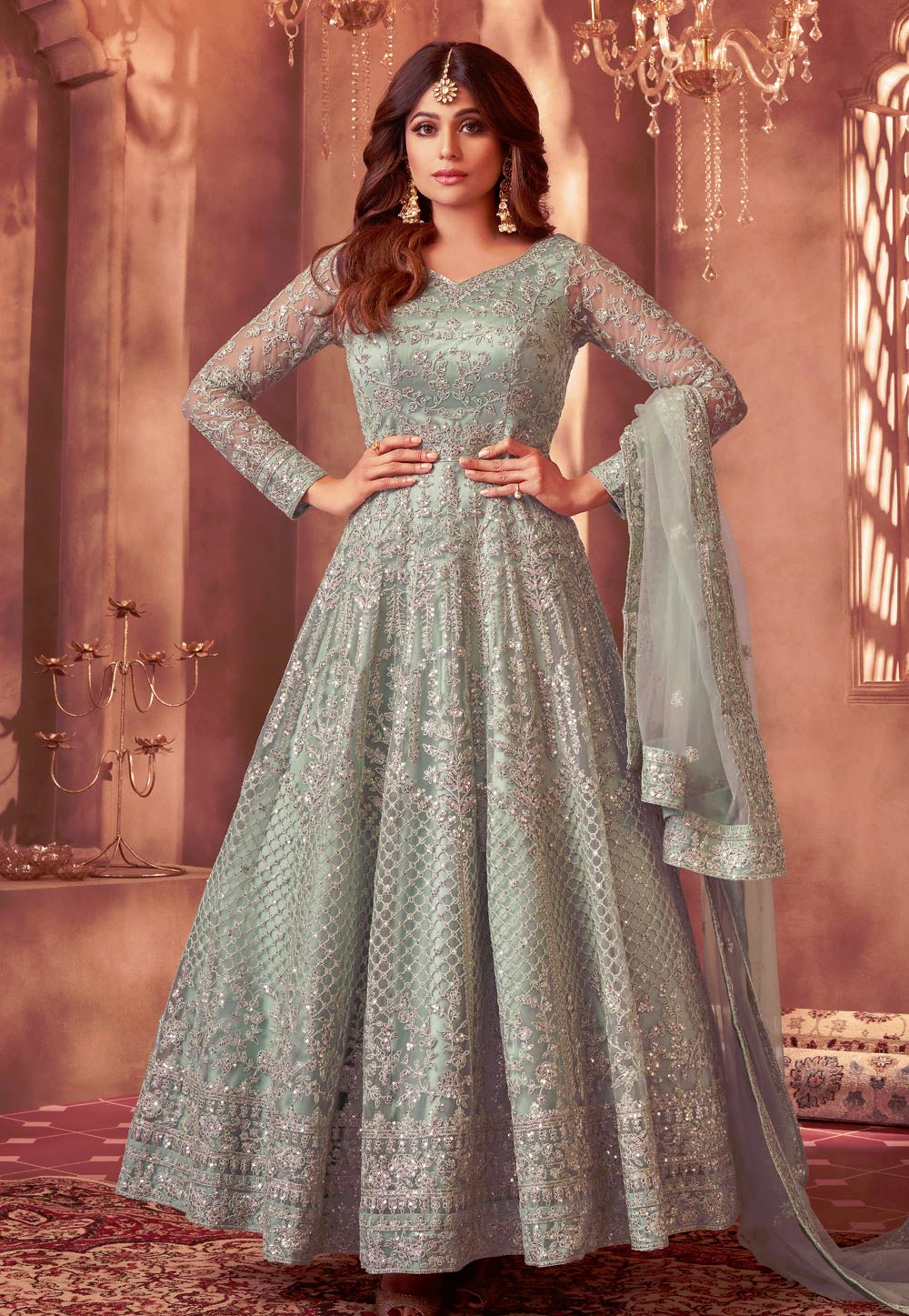 Shamita Shetty Light Green Net Ankle Length Anarkali Suit 226222