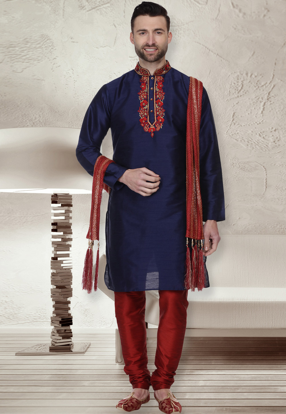 Navy Blue Dupion Silk Readymade Kurta Pajama 160944