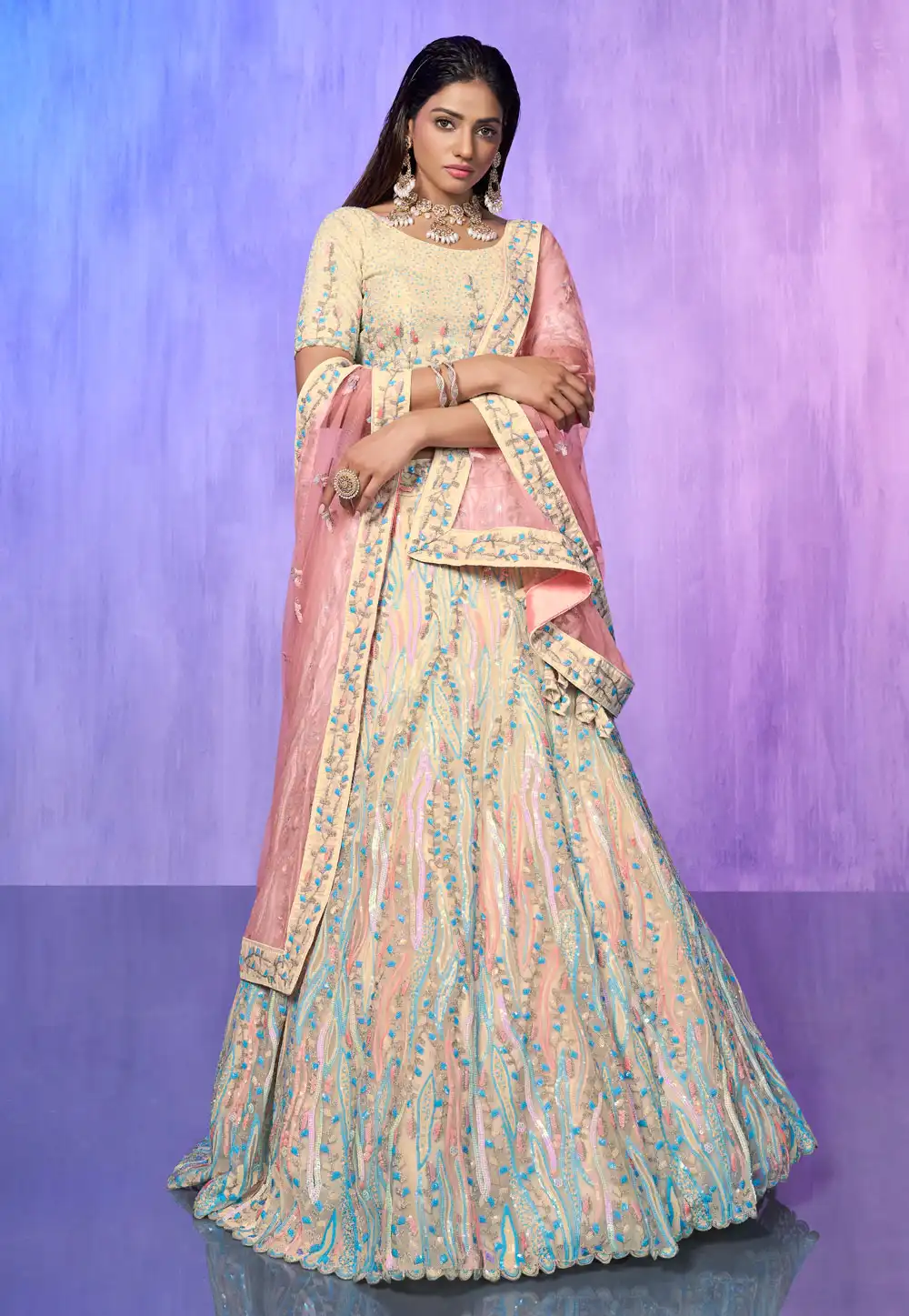 Cream Organza A Line Lehenga Choli 277001