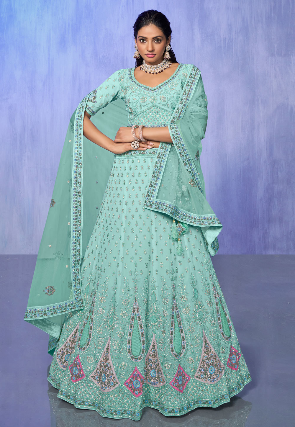 Sea Green Georgette Circular Lehenga Choli 277003