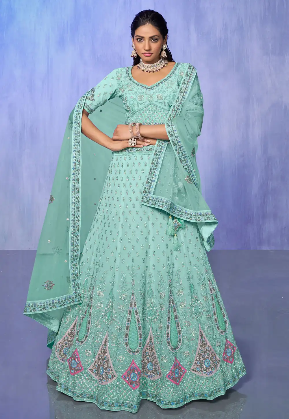 Sea Green Georgette Circular Lehenga Choli 277003