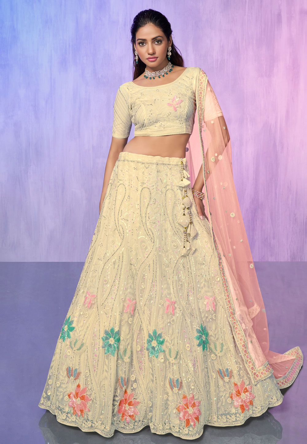 Cream Net Circular Lehenga Choli 277004