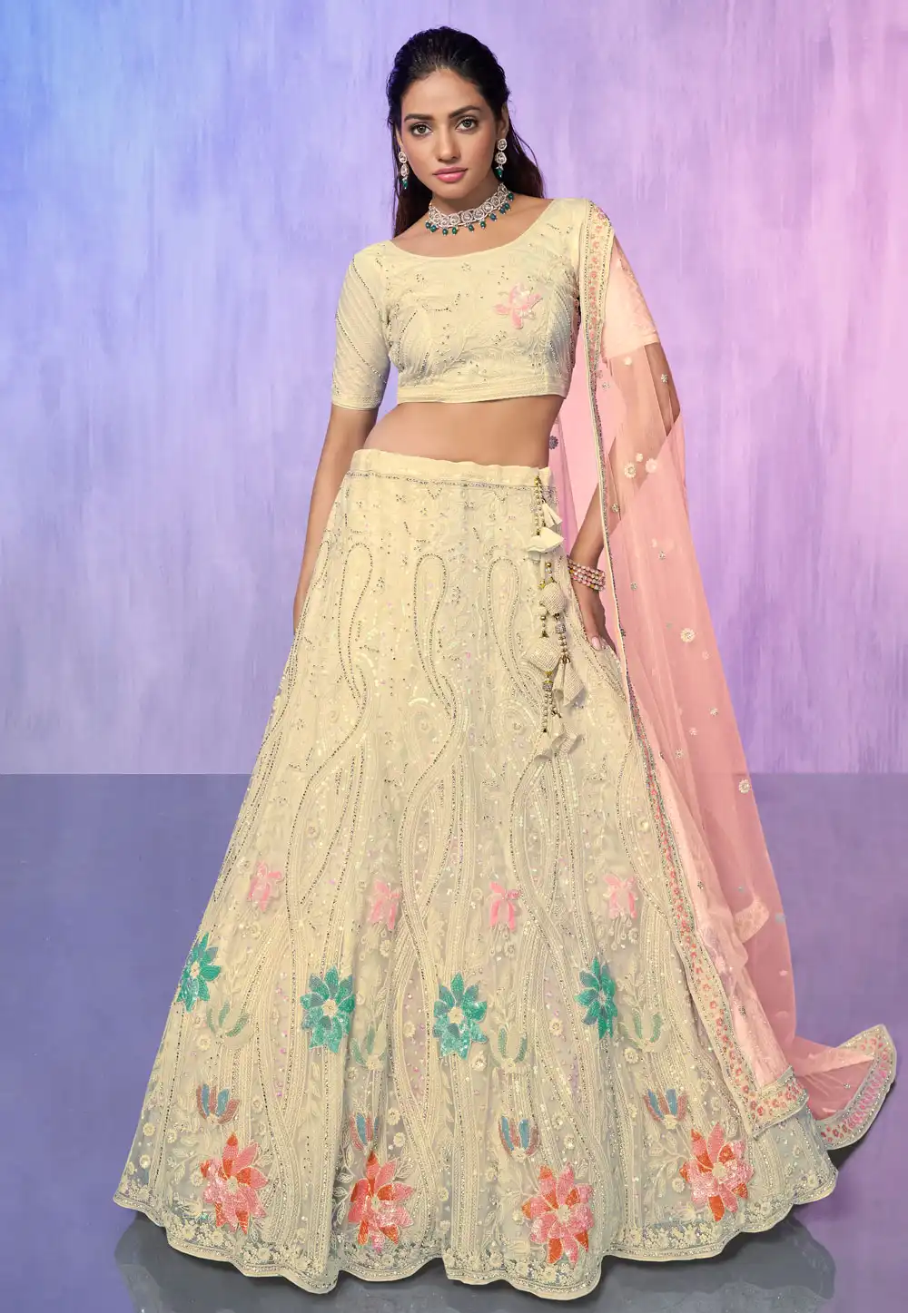 Cream Net Circular Lehenga Choli 277004