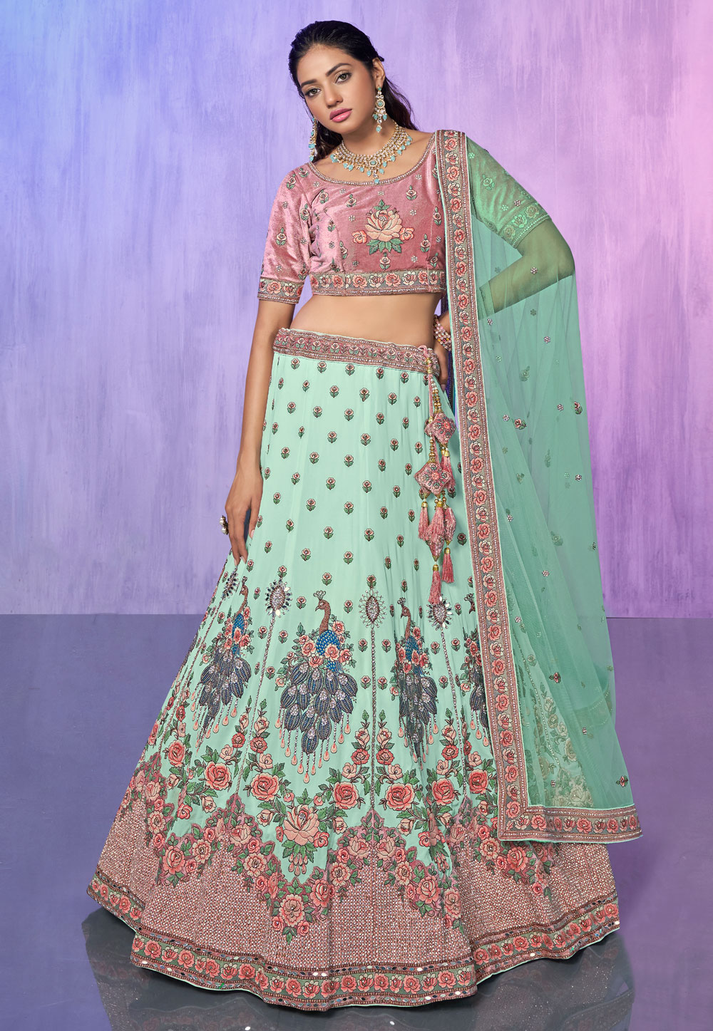 Sea Green Georgette A Line Lehenga Choli 277005