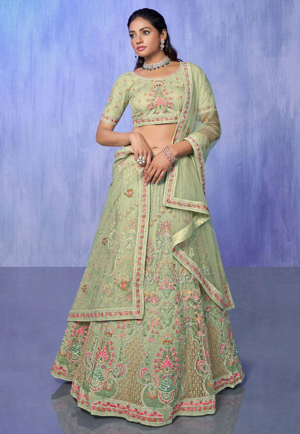 Pista Green Net A Line Lehenga Choli 277006