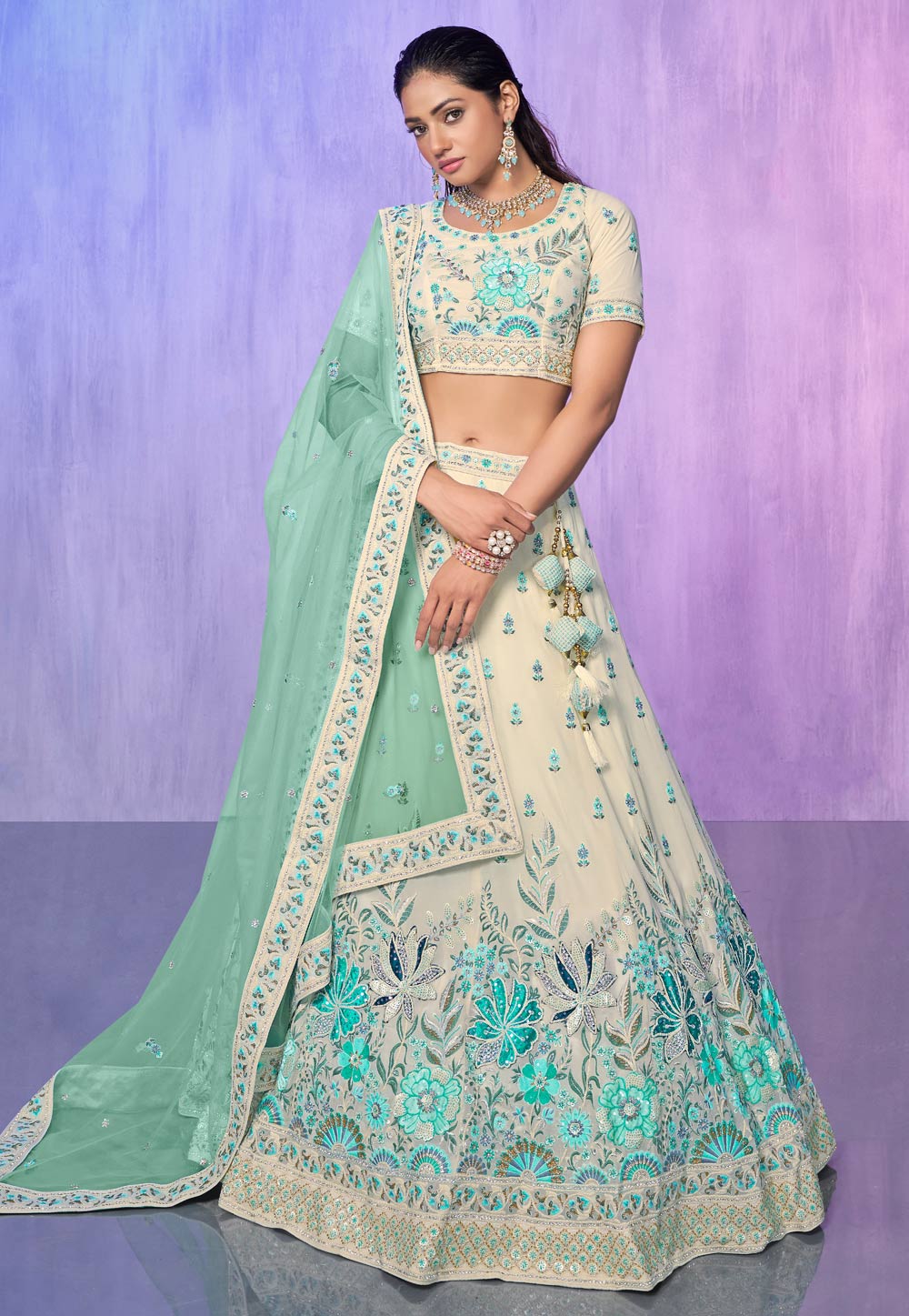 Cream Georgette A Line Lehenga Choli 277008