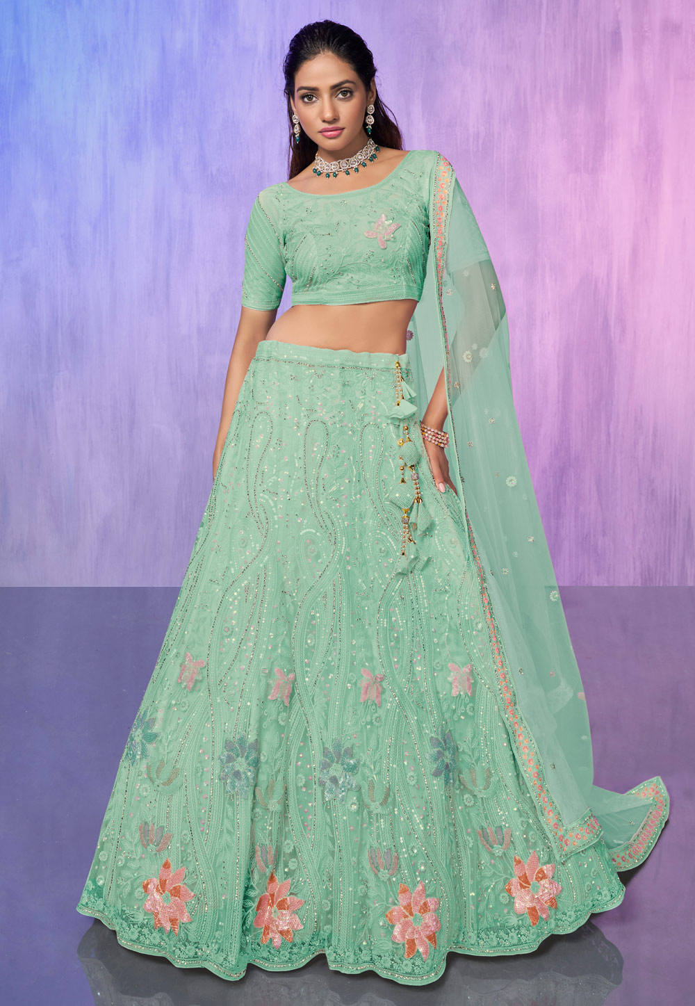 Sea Green Net Lehenga Choli 277012