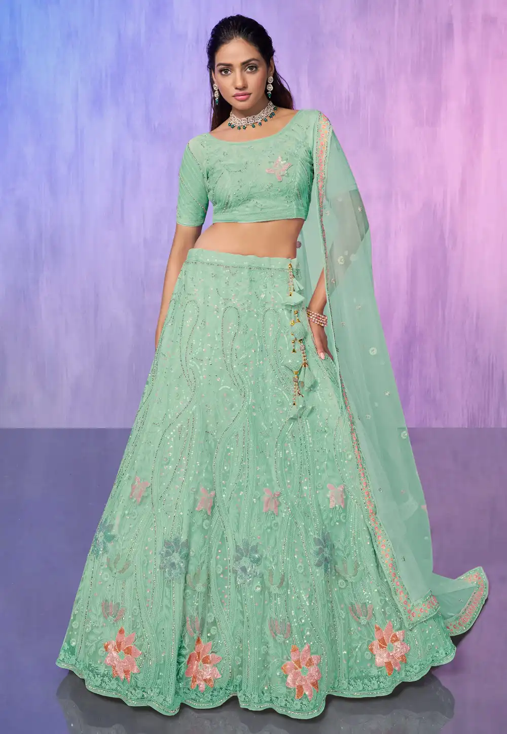 Sea Green Net Lehenga Choli 277012