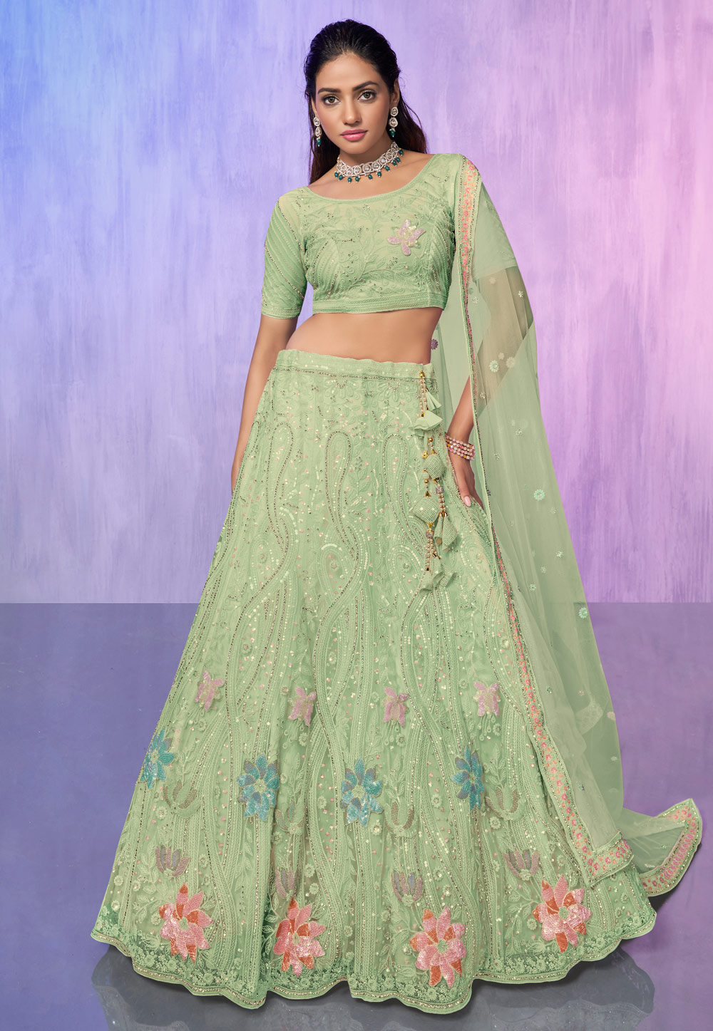 Pista Green Net Circular Lehenga Choli 277013