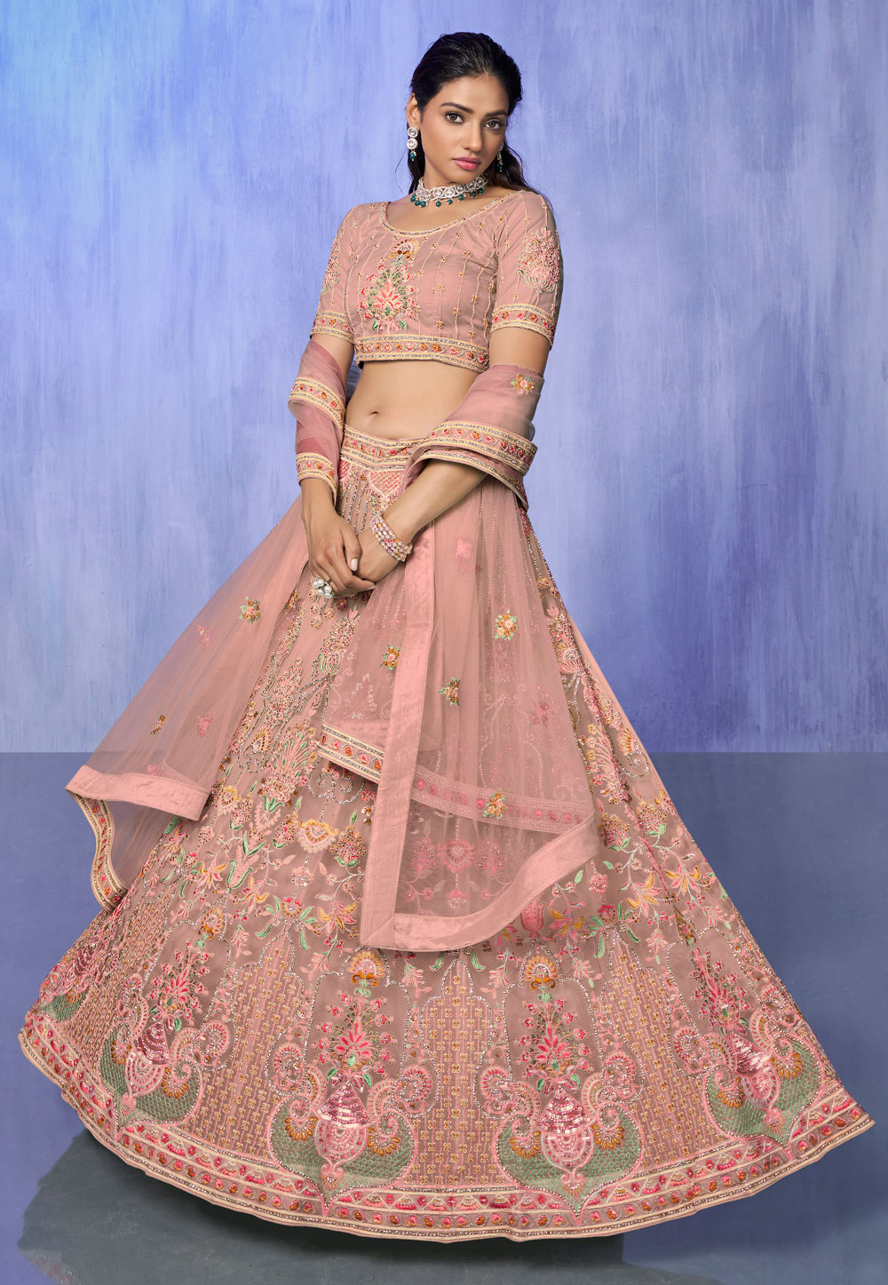Peach Net Lehenga Choli For Wedding 277016