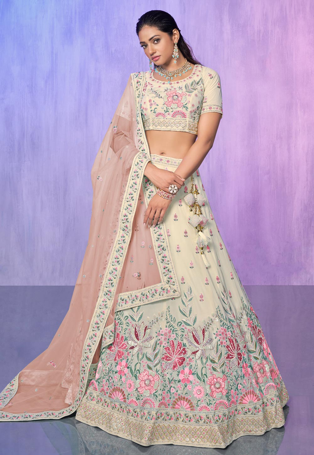 Cream Georgette A Line Lehenga Choli 277019