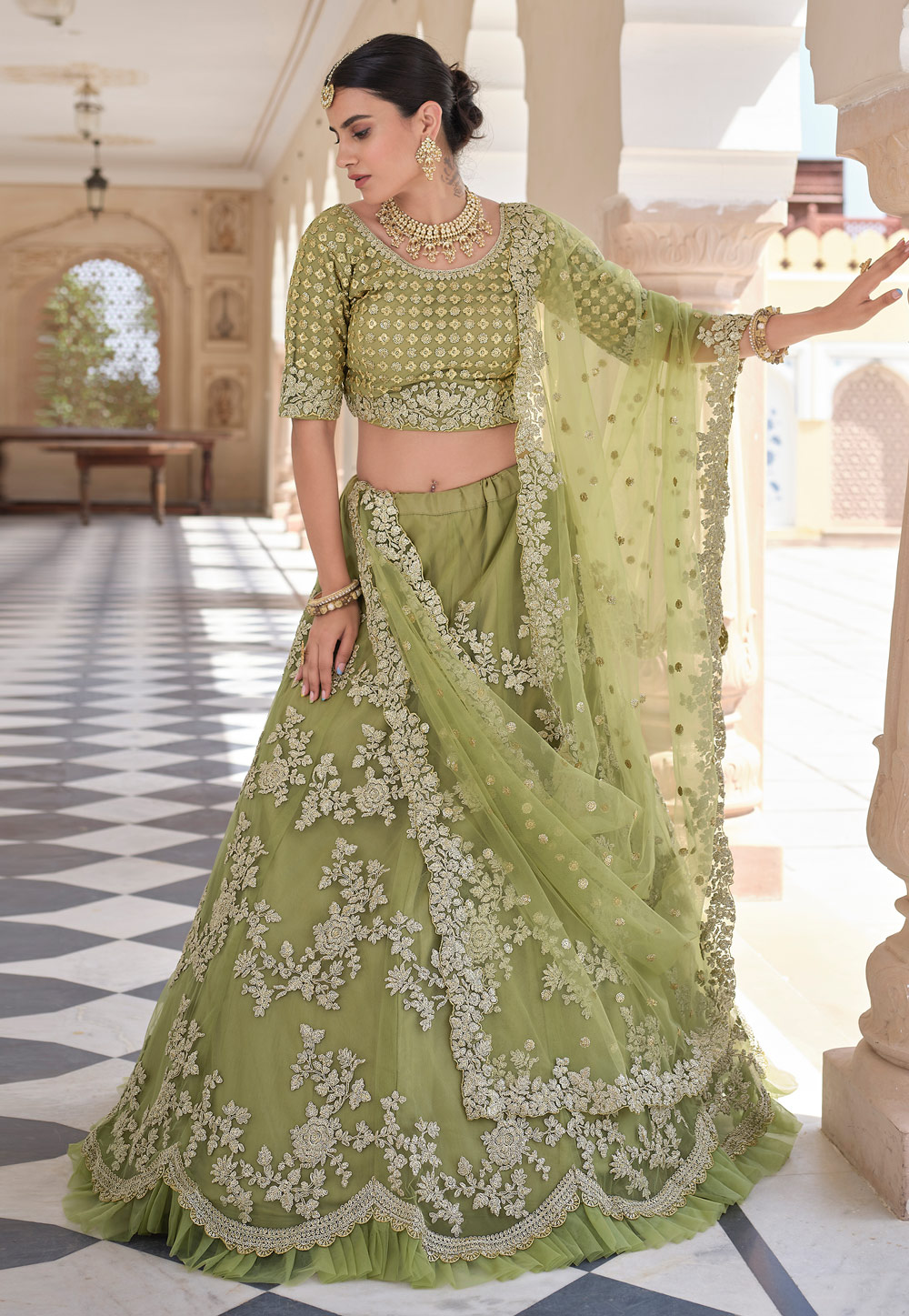 Green Soft Net A Line Lehenga Choli 237246