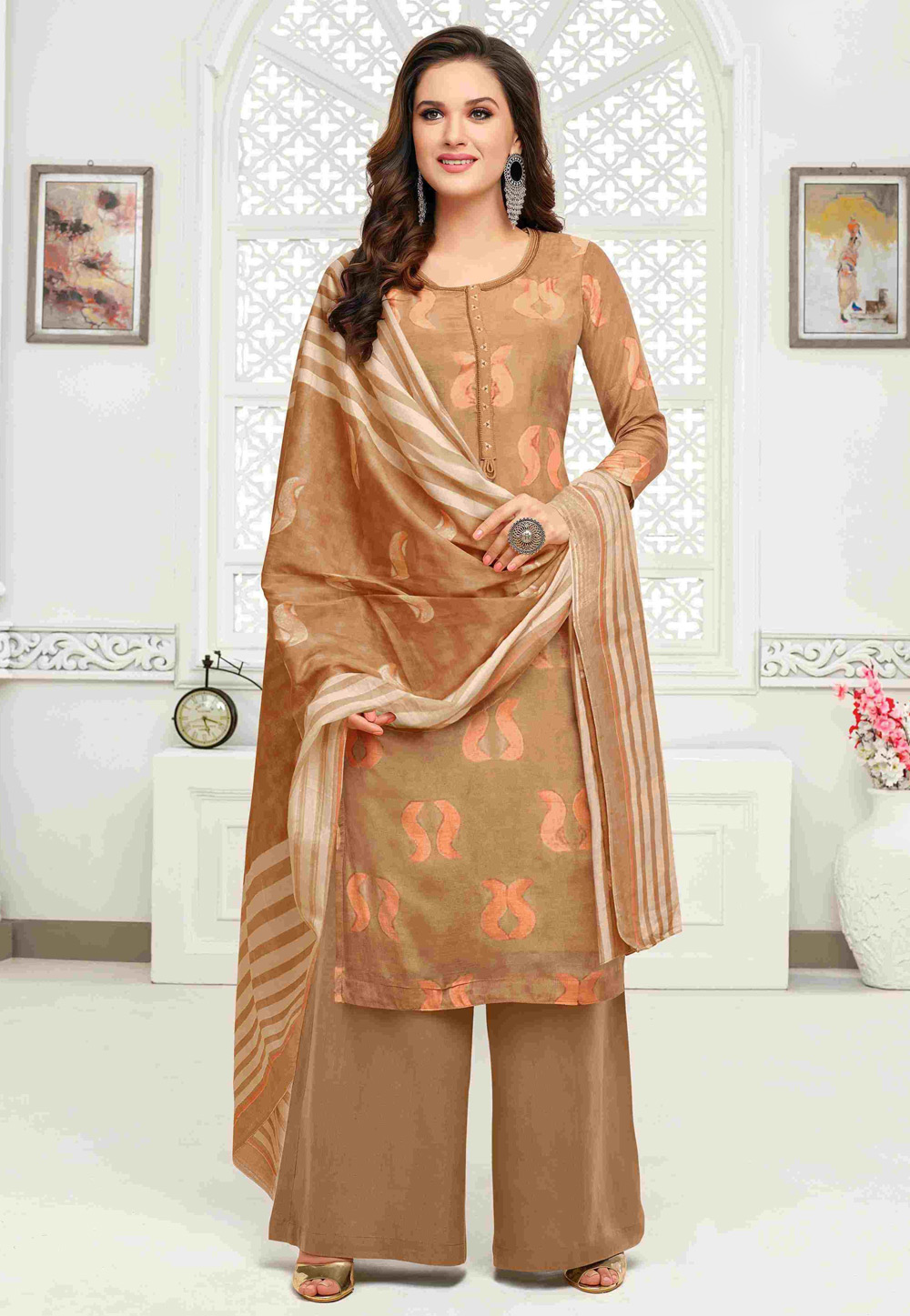 Brown Cambric Cotton Palazzo Style Suit 190118