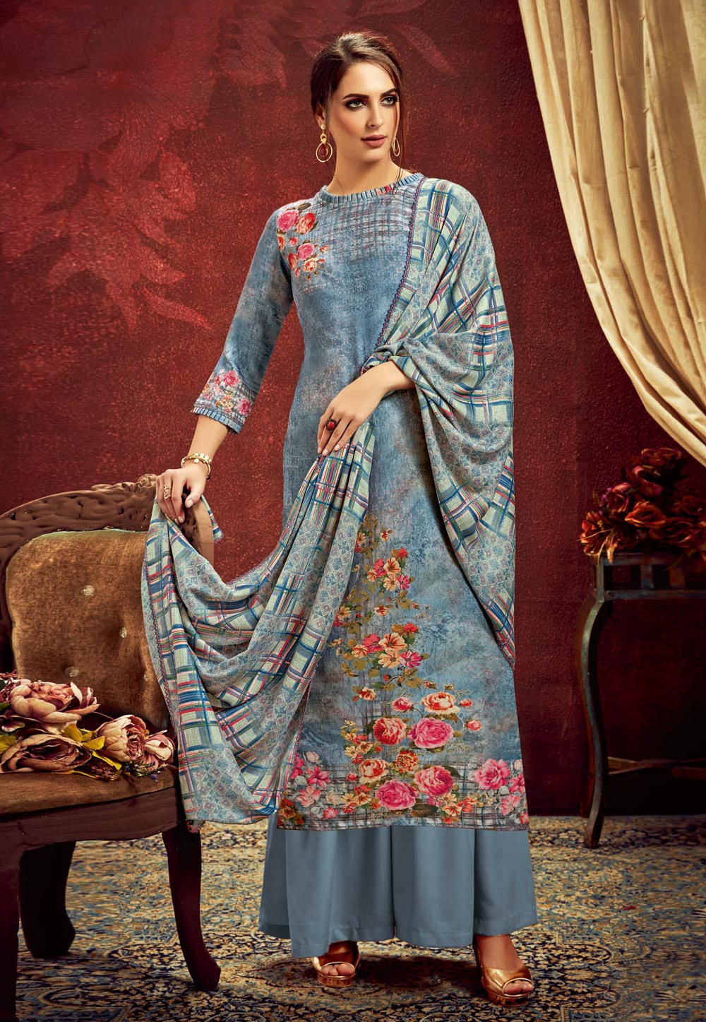 Blue Pashmina Palazzo Style Suit 190200