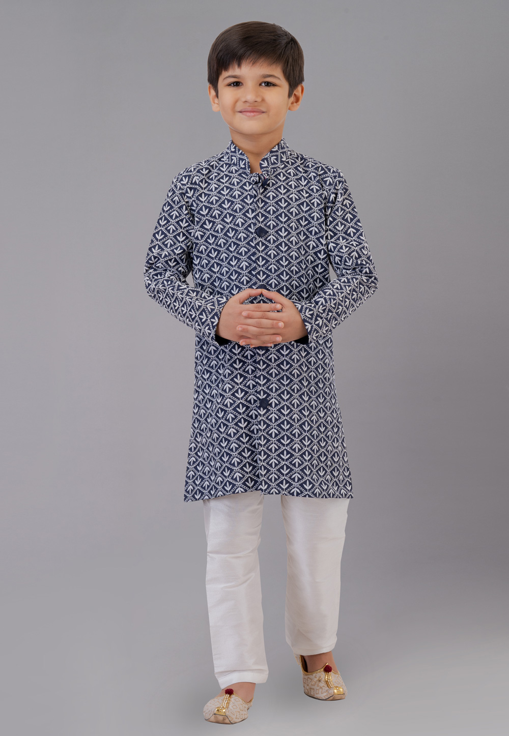 Navy Blue Cotton Silk Readymade Kids Kurta Pajama 260641