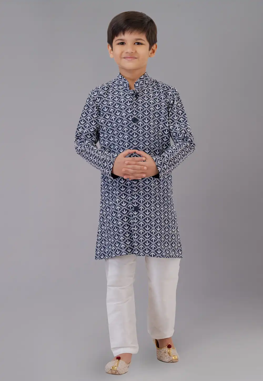 Navy Blue Cotton Silk Readymade Kids Kurta Pajama 260641
