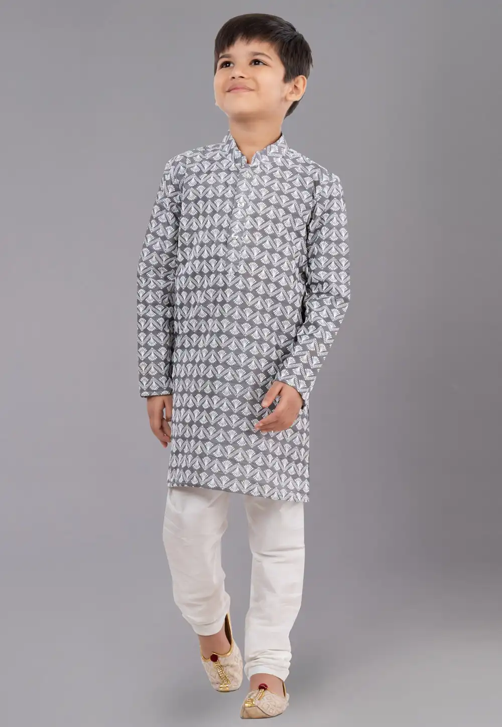 Grey Cotton Silk Readymade Kids Kurta Pajama 260643