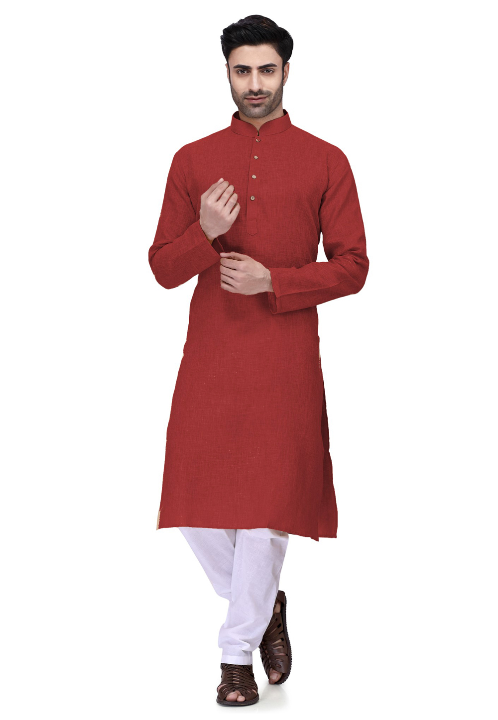 Red Cotton Readymade Kurta Pajama 190486